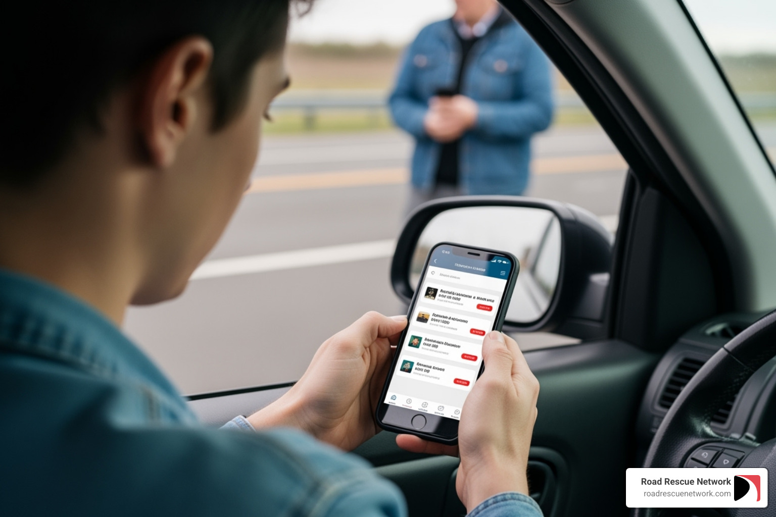 Image of a person on their smartphone comparing roadside assistance options - emergency roadside help for cars cheap Image of a person on their smartphone comparing roadside assistance options - emergency roadside help for cars cheap