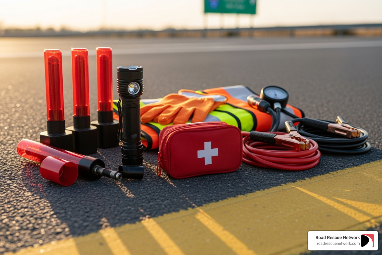 Image of a roadside safety kit including flares, a flashlight, and a first-aid kit - emergency roadside help for cars cheap Image of a roadside safety kit including flares, a flashlight, and a first-aid kit - emergency roadside help for cars cheap
