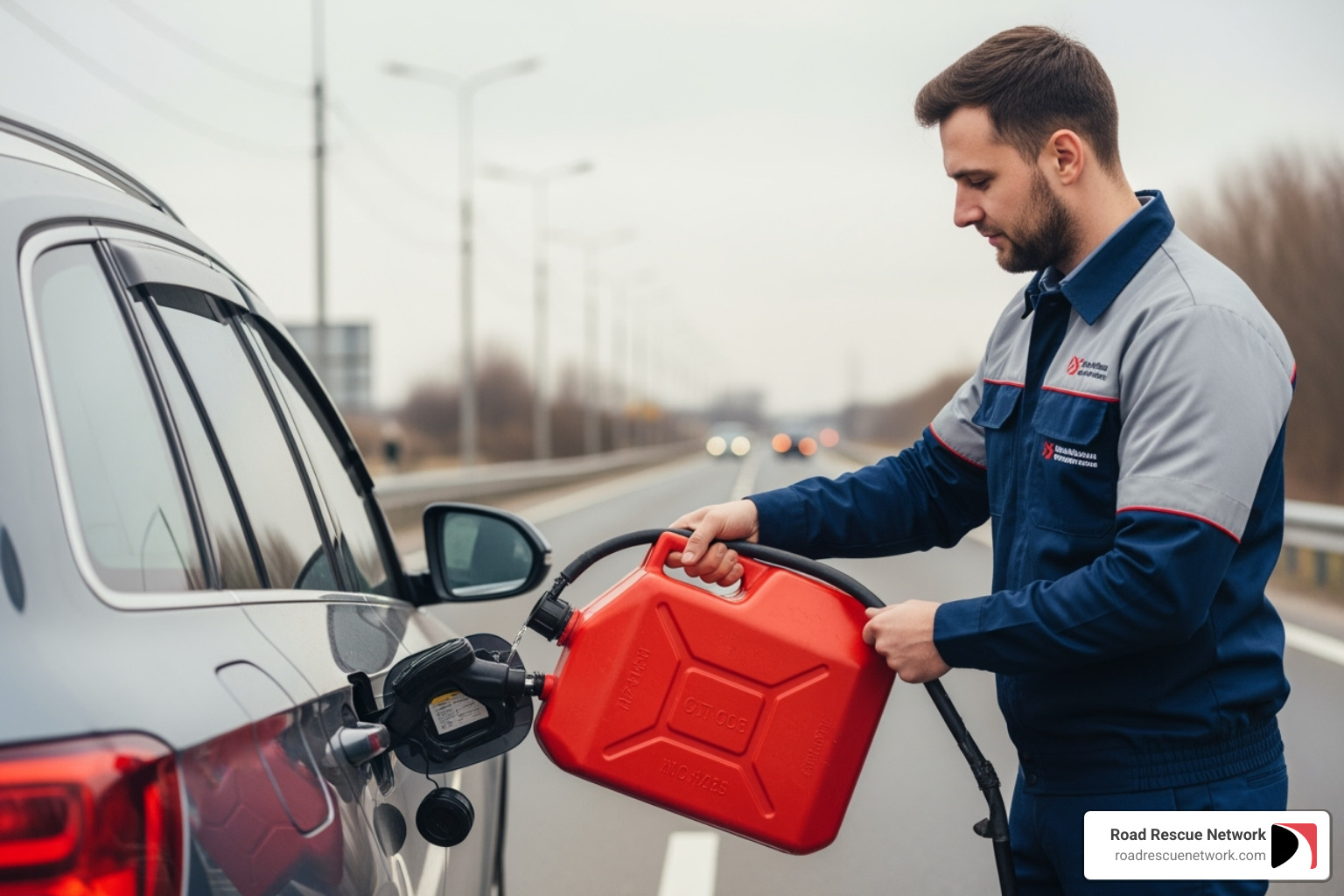 A roadside assistance professional holding a fuel can next to a car - 24 hour fuel delivery near me