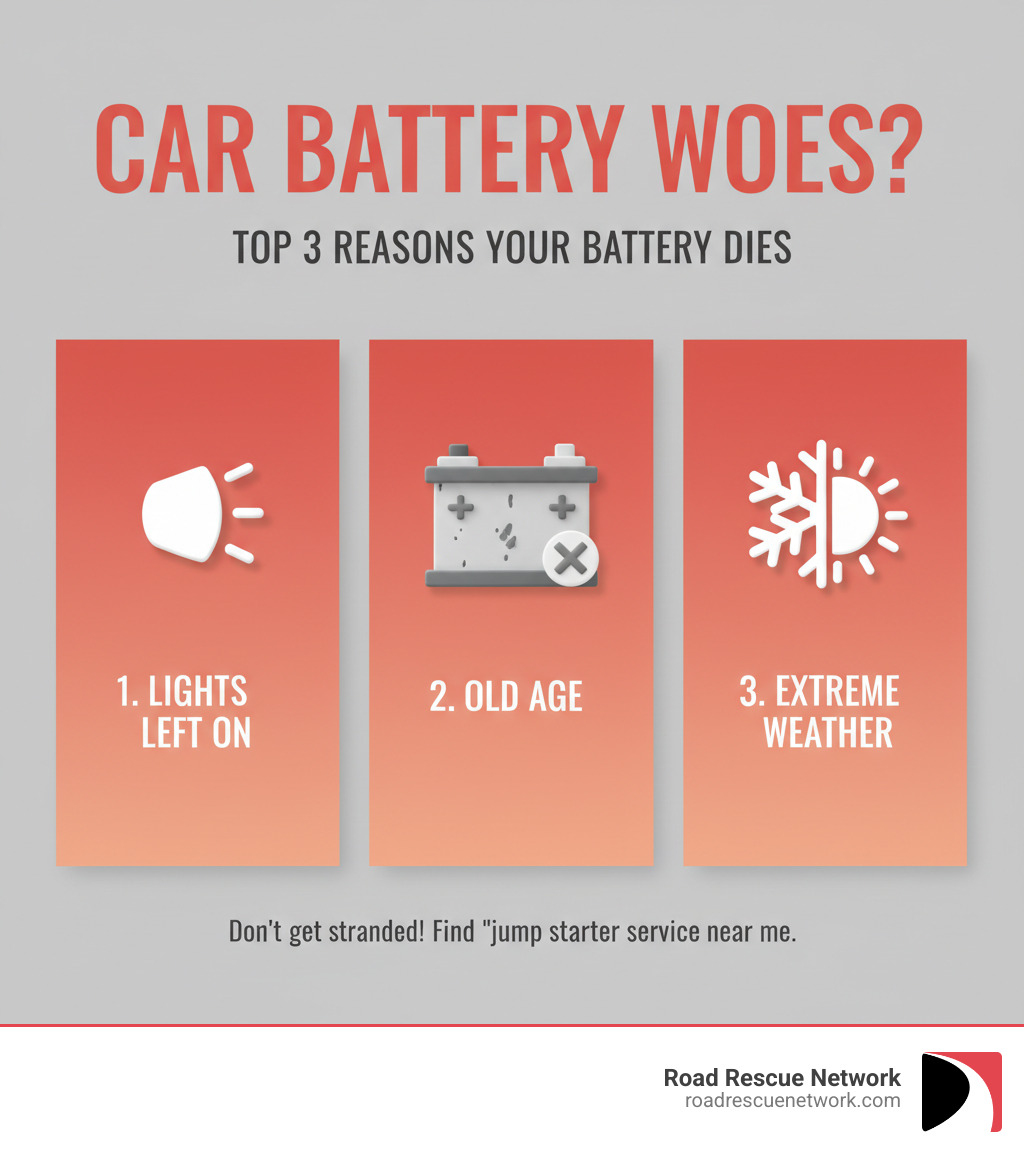 infographic showing the top 3 reasons car batteries die: lights left on, old age, and extreme weather - jump starter service near me infographic 