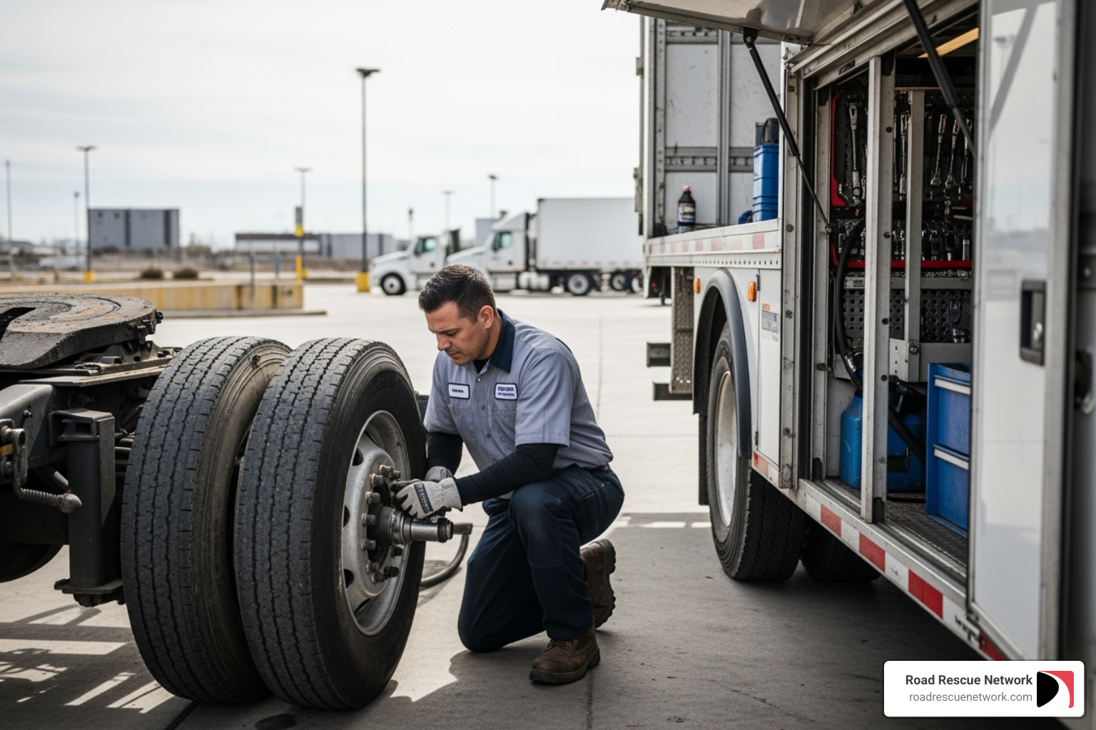 technician inspecting a trailer's tire and brake assembly - mobile trailer maintenance service near me