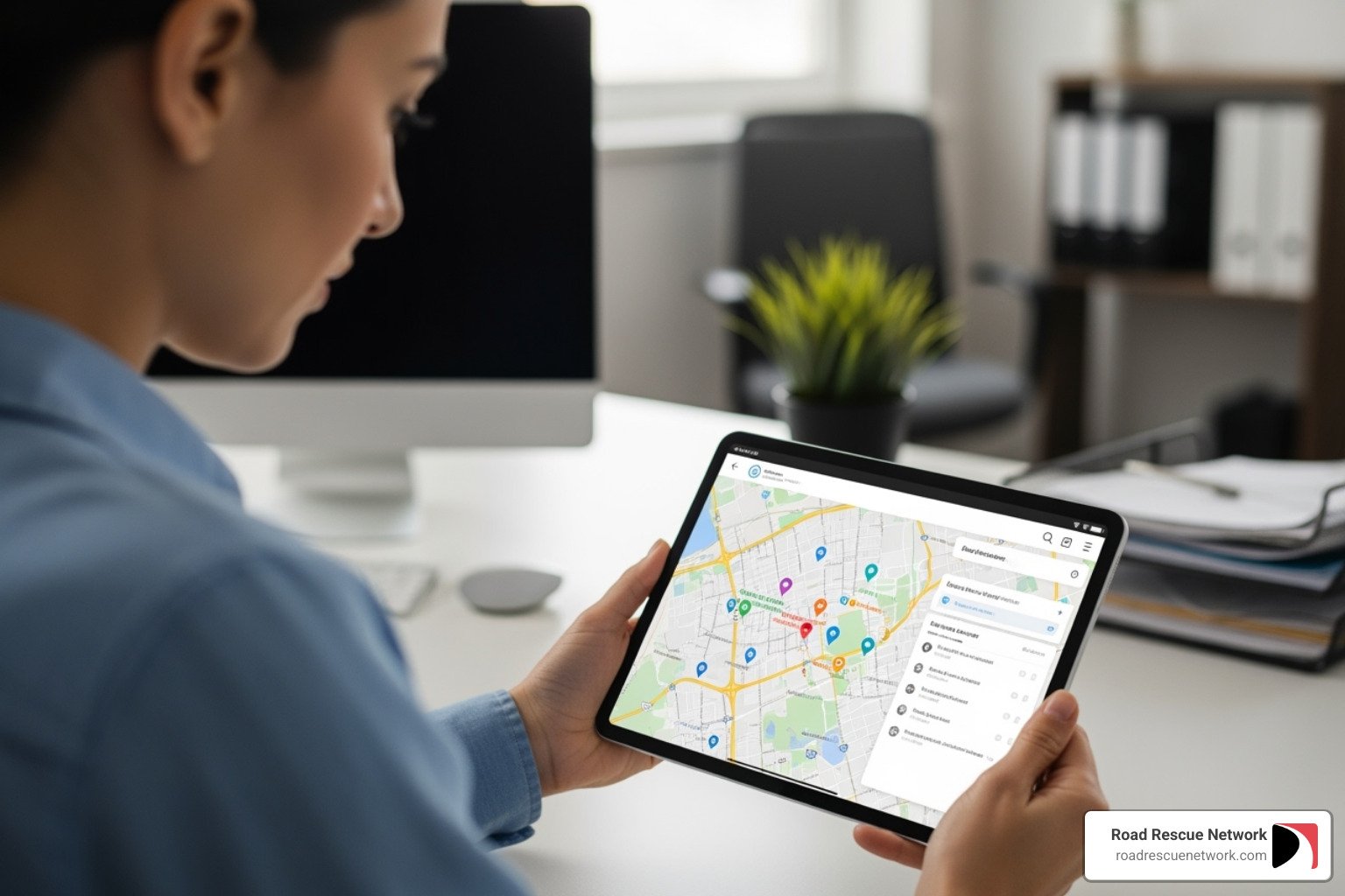 a fleet manager on a tablet looking at a map of service providers - mobile trailer maintenance service near me
