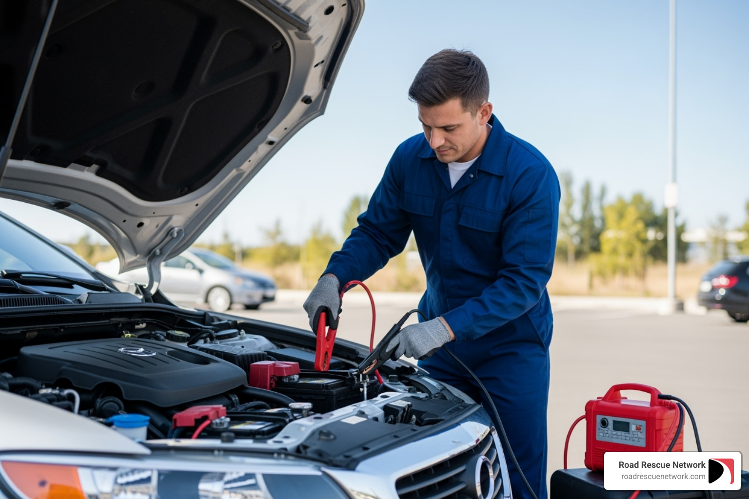 technician safely connecting a booster pack to a car battery - jump starter service near me