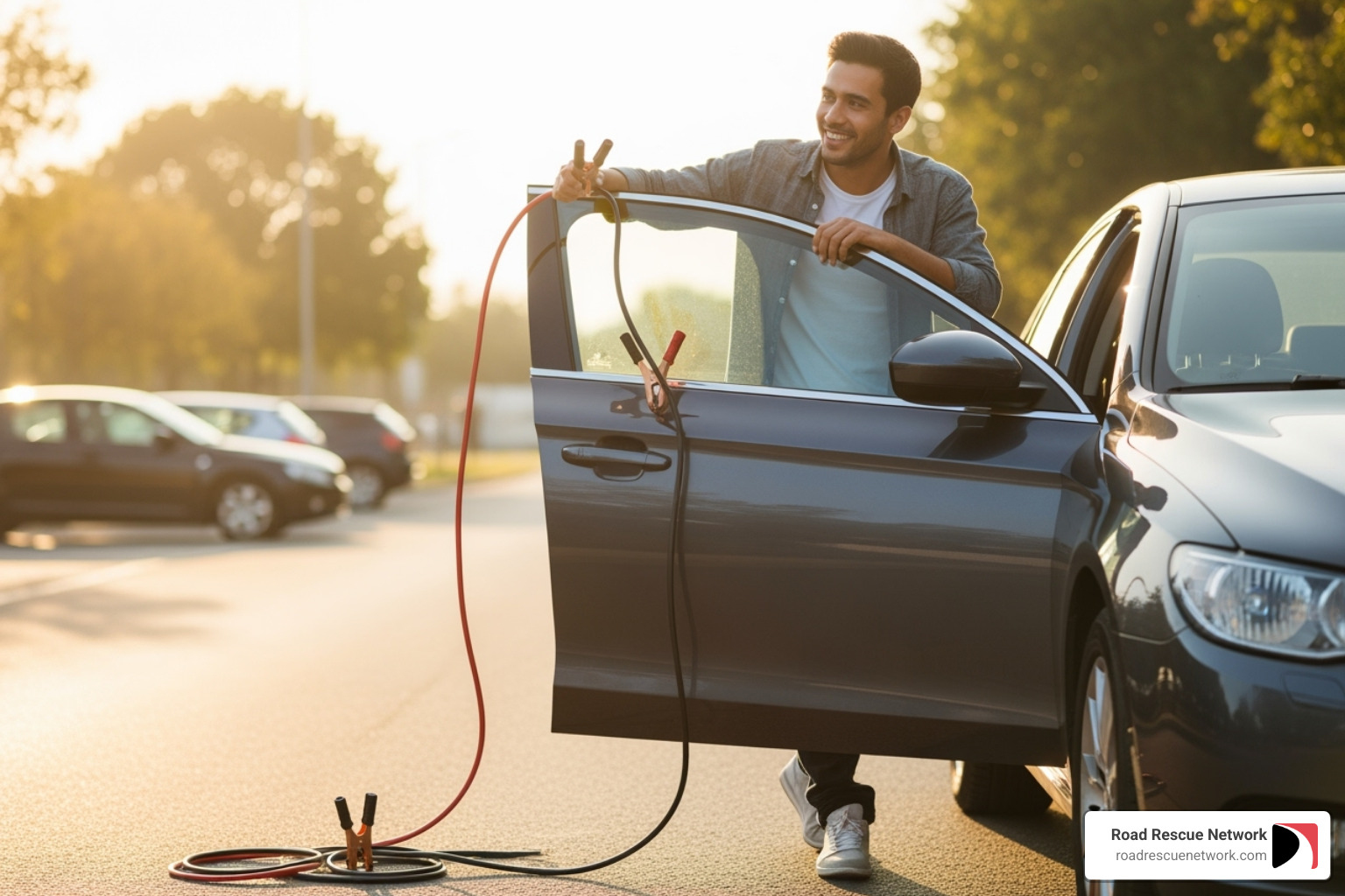 happy driver getting back in their car - jump starter service near me