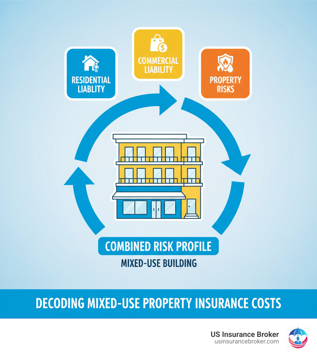 Infographic explaining the combined risk profile of a mixed-use building, showing residential liability, commercial liability, and property risks in one structure. - mixed use property insurance cost infographic 