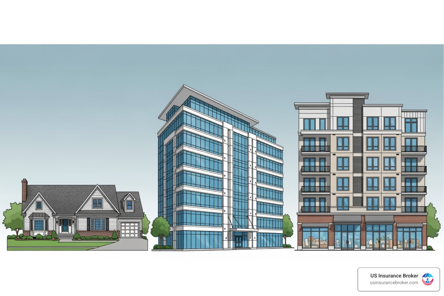 Illustration of the difference between a single-family home, a commercial office building, and a mixed-use building. - mixed use property insurance cost