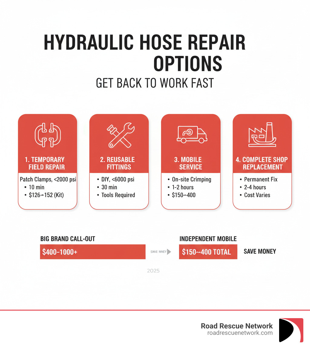 Infographic showing four repair options for hydraulic hose failure: Temporary patch clamps for immediate field repairs under 2000 psi (10 minutes, $126-$152 for repair kits), Reusable fittings for DIY repairs up to 6000 psi (30 minutes, tools required), Mobile professional service for on-site crimping and assembly ($150-$400 depending on hours and location, 1-2 hours), and Complete shop replacement for permanent repairs (2-4 hours, cost varies by hose type and length). Chart also shows cost comparison: Big brand call-out fees $400-$1000+ before repair vs independent mobile services $150-$400 total including repair. - hydraulic hose repair infographic 