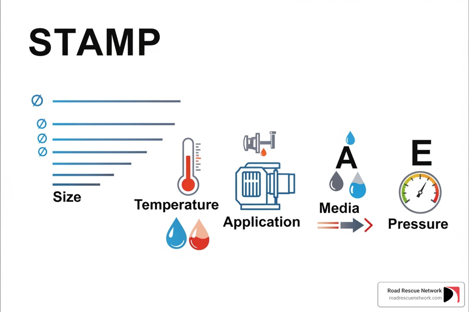 diagram explaining the STAMP acronym - hydraulic hose repair