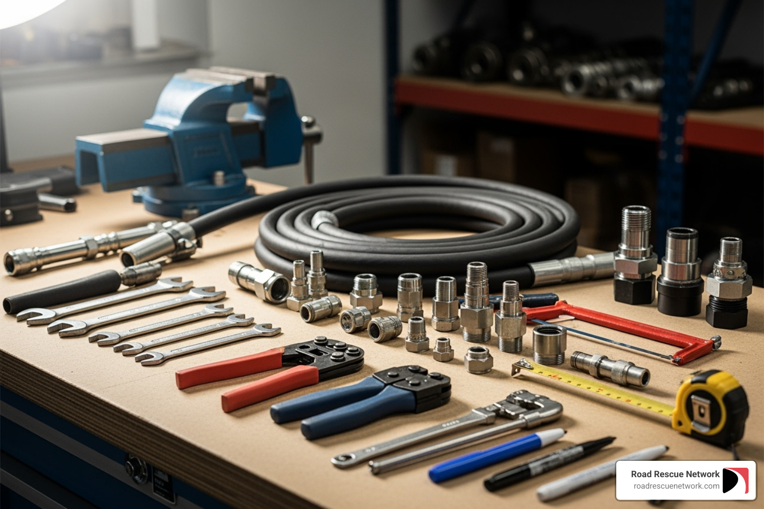 image of tools and materials laid out for a repair, including a new hose, fittings, and wrenches - hydraulic hose repair