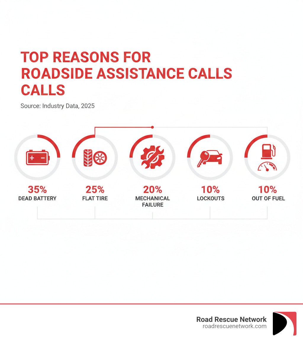 infographic showing top reasons for roadside assistance calls: 35% dead battery, 25% flat tire, 20% mechanical failure, 10% lockouts, 10% out of fuel - 24 hour car recovery near me infographic 