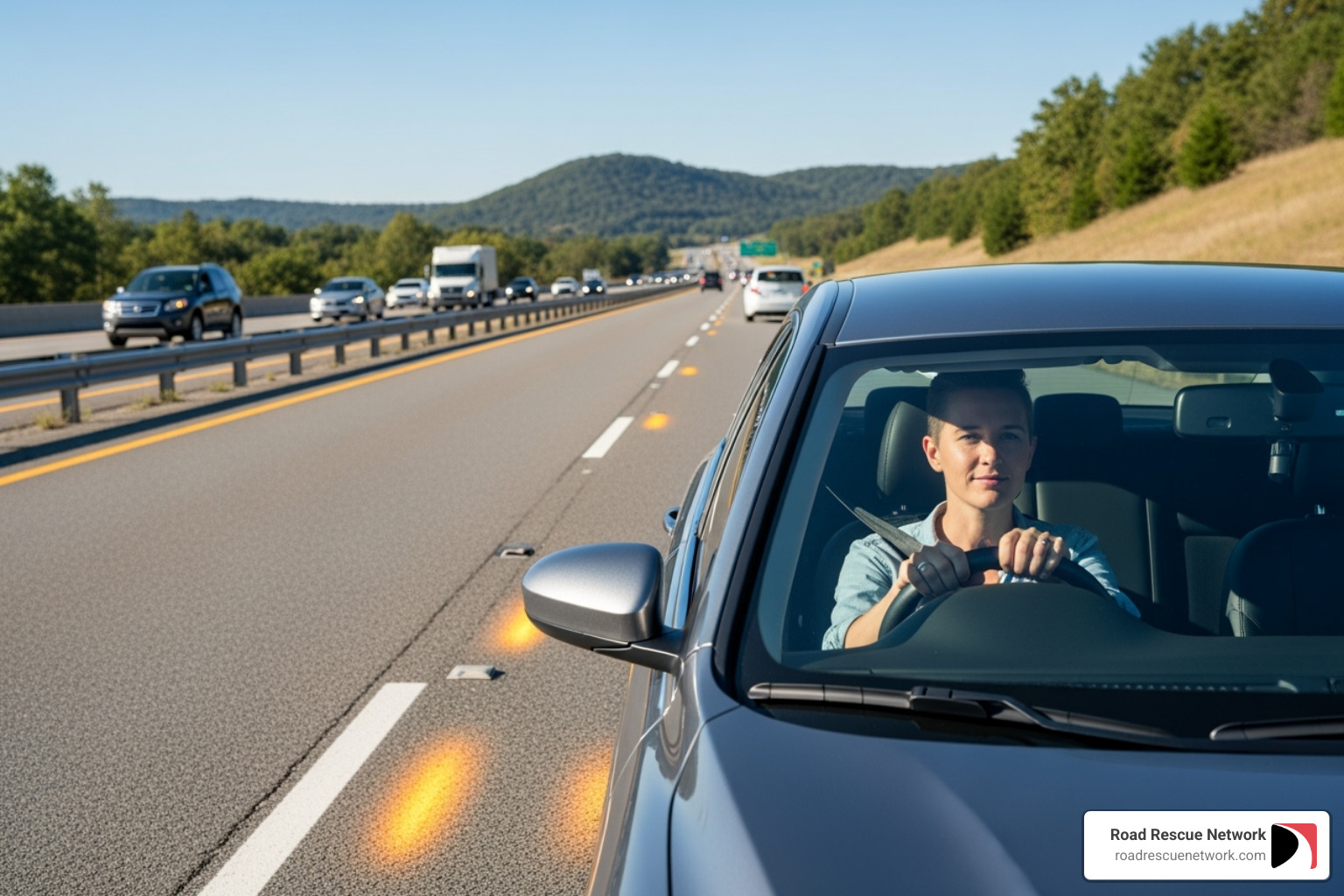 driver safely waiting inside their car on the shoulder of a road - roadside assistance vancouver wa