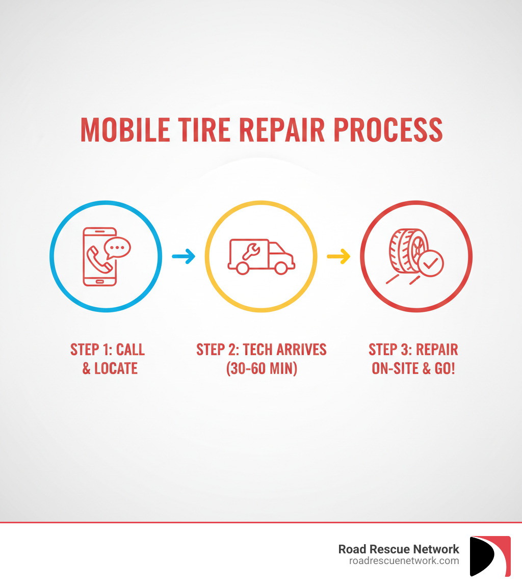 Infographic showing the mobile tire repair process: Step 1 - Call for service and provide your location, Step 2 - Certified technician arrives with fully equipped van in 30-60 minutes, Step 3 - Tire repaired or replaced on-site, you're back on the road - mobile tire repair infographic 