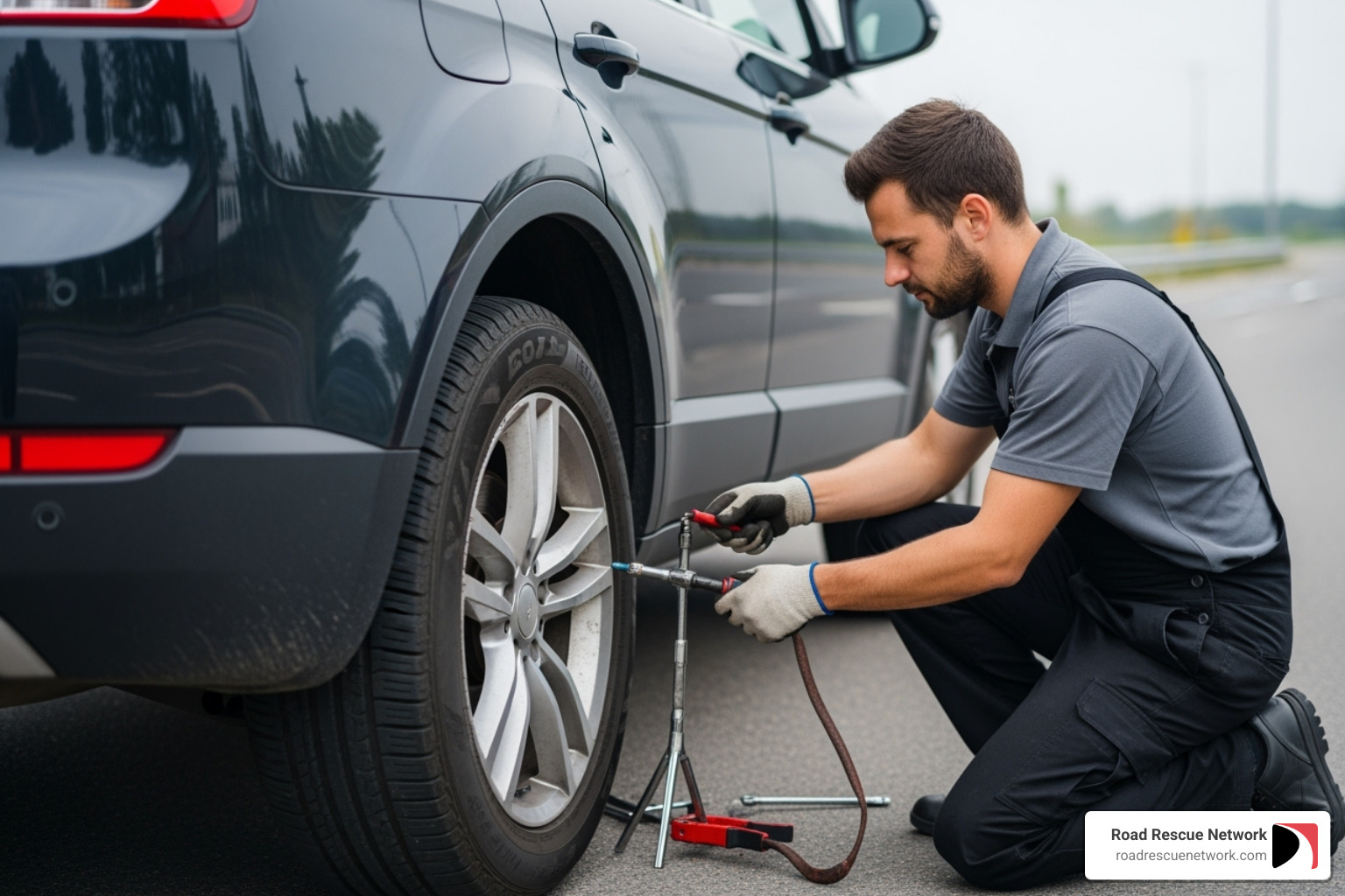 technician repairing a tire puncture on an SUV - mobile tire repair