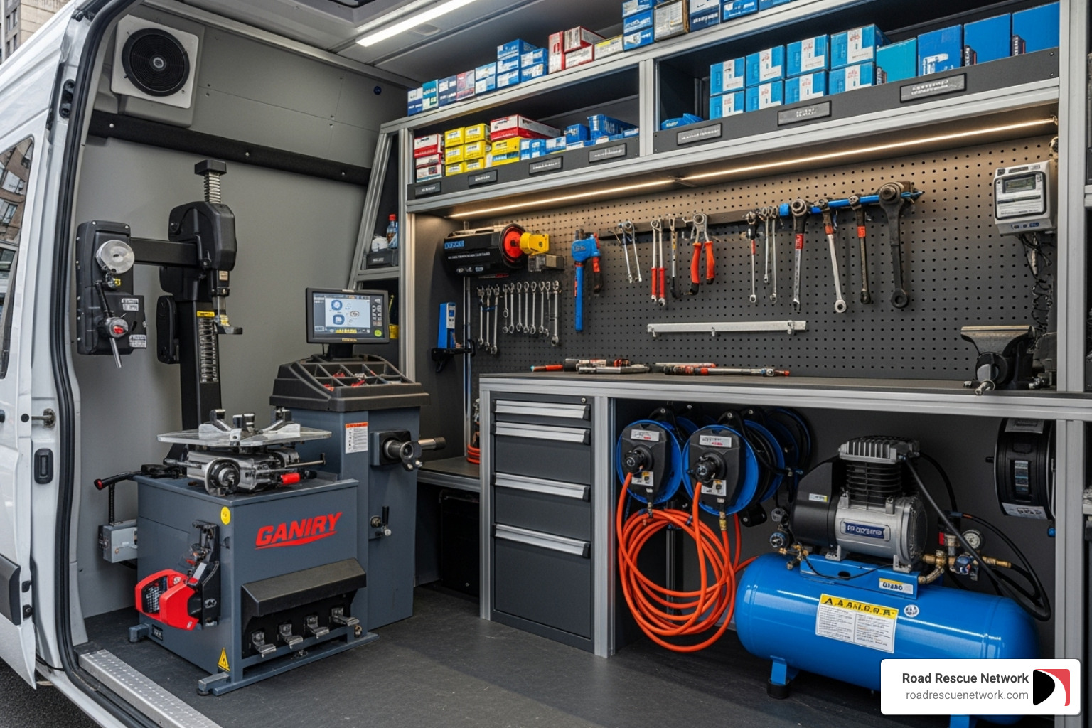 inside of a fully equipped mobile tire service van - mobile tire repair