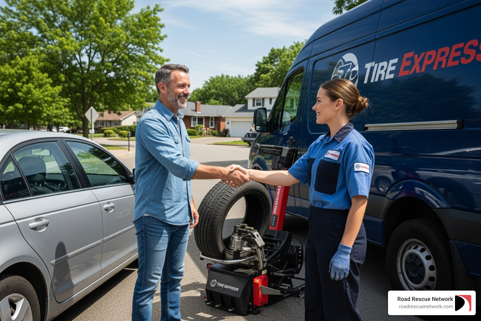 customer smiling and shaking hands with a friendly technician - mobile tire repair