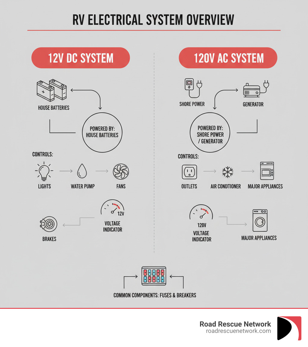 Infographic showing RV electrical system overview with two main sections: 12V DC system (powered by house batteries, controls lights, water pump, fans, and brakes) and 120V AC system (powered by shore power or generator, controls outlets, air conditioner, microwave, and major appliances). Includes voltage indicators and common components for each system. - RV electrical repair infographic 