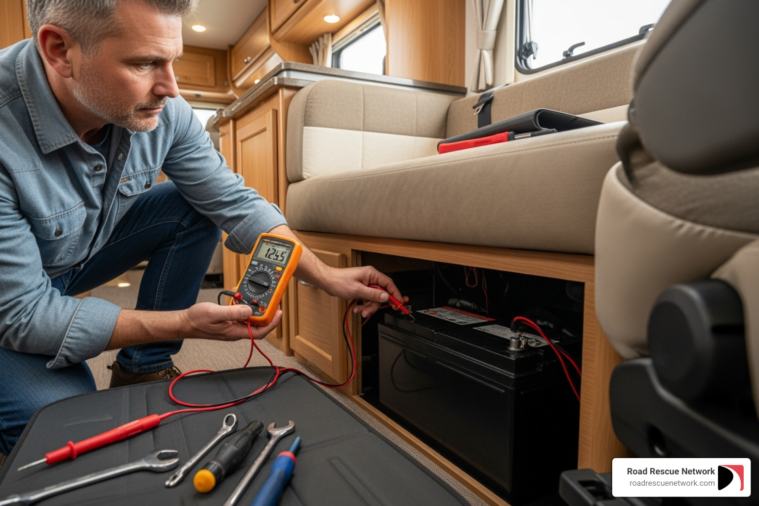 RV owner using a multimeter to test a battery - RV electrical repair