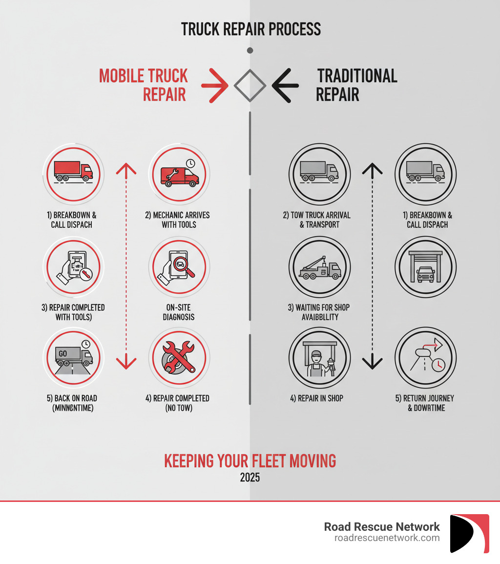 Infographic showing mobile truck repair process: 1) Truck breaks down and driver calls dispatch, 2) Mobile mechanic arrives within 45-90 minutes with diagnostic tools and parts, 3) On-site diagnosis identifies issue, 4) Repair completed without towing, 5) Truck back on road with minimal downtime - compared to traditional repair showing tow truck arrival, transport to shop, waiting for bay availability, repair, and return journey - mobile truck repair infographic 