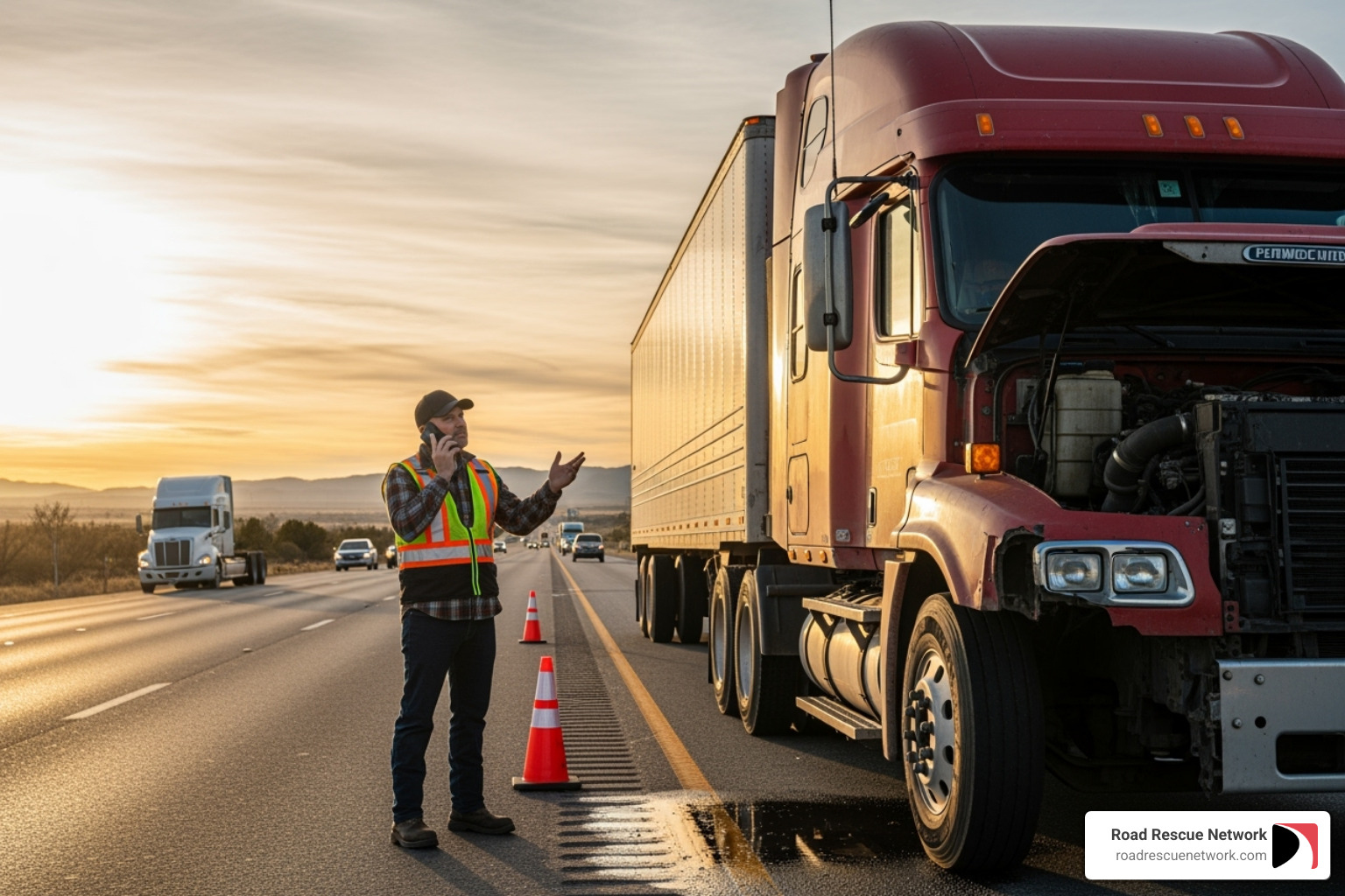 truck driver on phone by broken-down truck - mobile truck repair