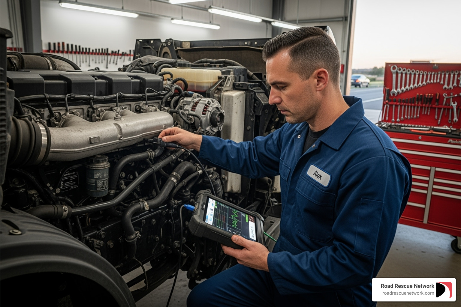 mechanic using diagnostic tool on truck engine - mobile truck repair