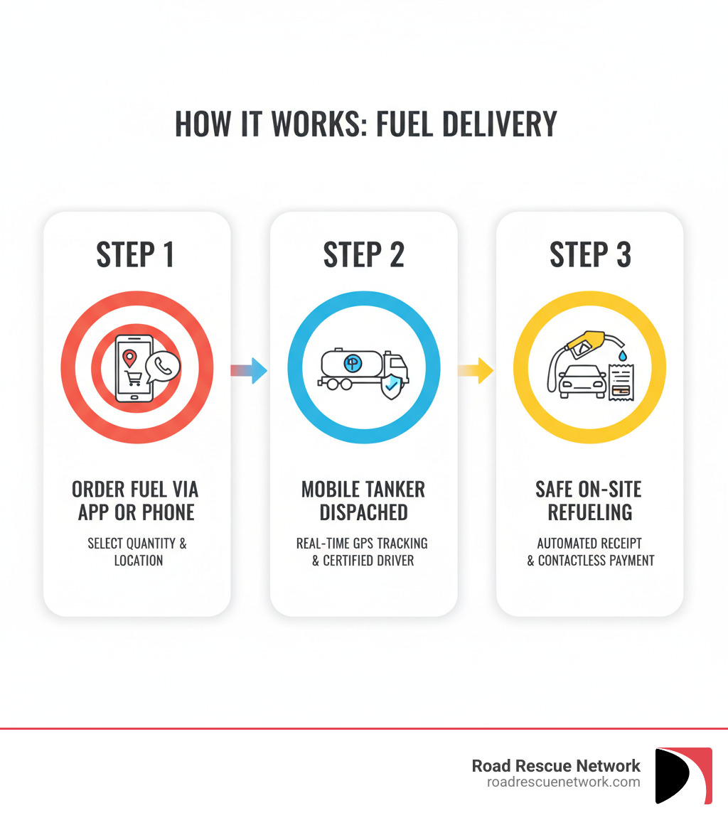 Infographic showing three-step fuel delivery process: Step 1 - Order fuel via app or phone selecting quantity and location; Step 2 - Mobile tanker dispatched with real-time GPS tracking and PESO-certified driver; Step 3 - Safe on-site refueling with automated receipt and contactless payment - home delivery of petrol and diesel infographic 