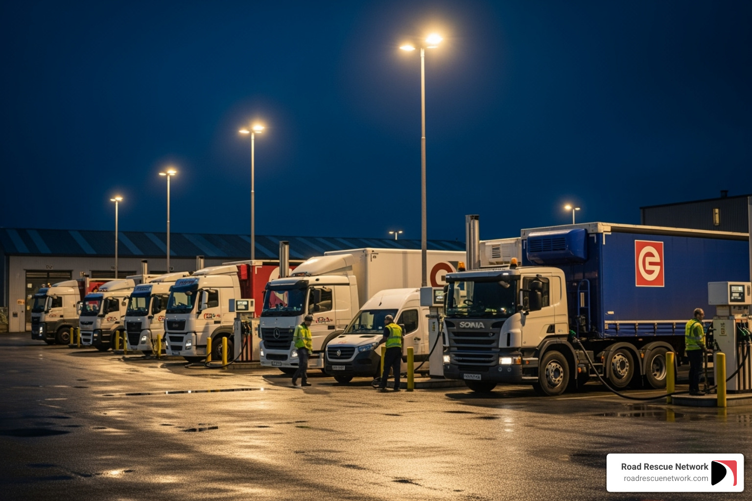 Fleet of commercial trucks being refueled overnight at a depot - home delivery of petrol and diesel