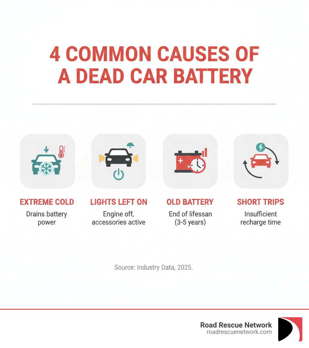 Infographic showing the 4 most common causes of a dead car battery: 1) Extreme cold weather draining battery power, 2) Leaving lights or accessories on while engine is off, 3) Old battery reaching end of lifespan (typically 3-5 years), 4) Frequent short trips without sufficient recharge time - jumpstarts near me infographic 