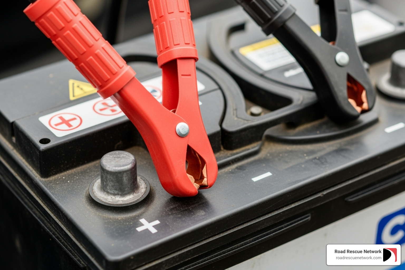 Jumper cables are correctly connected to a car battery, with the red positive cable on the positive terminal and the black negative cable on the negative terminal, clearly labeled. - jumpstarts near me