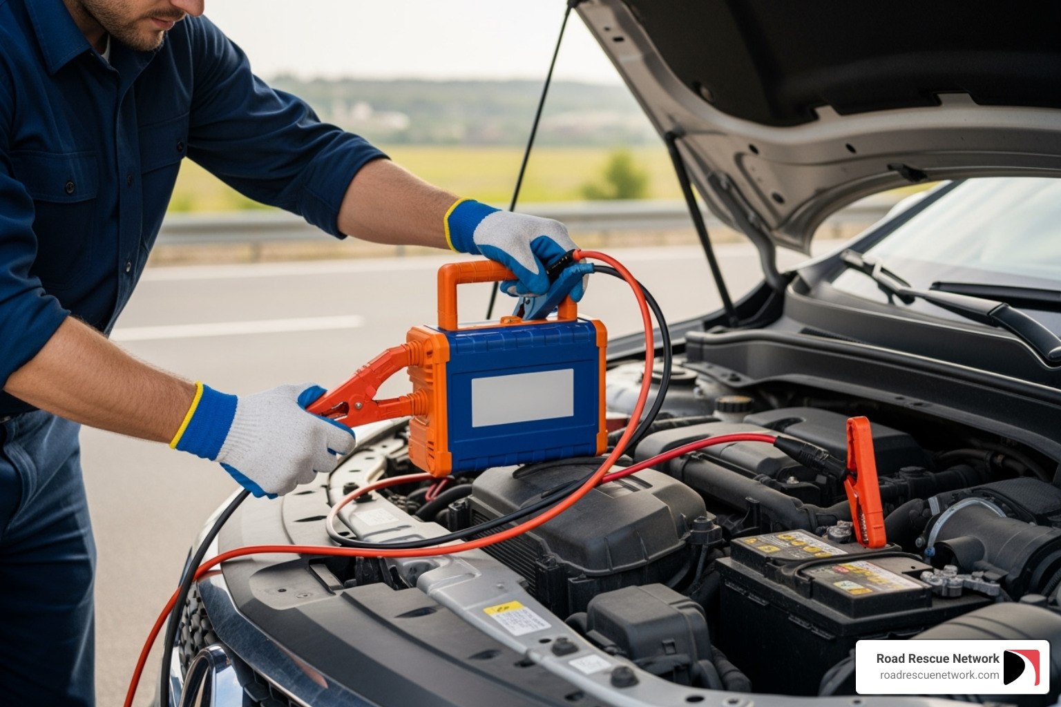 A professional technician is seen using a portable jump starter pack to boost a car battery, highlighting safety and specialized equipment. - jumpstarts near me