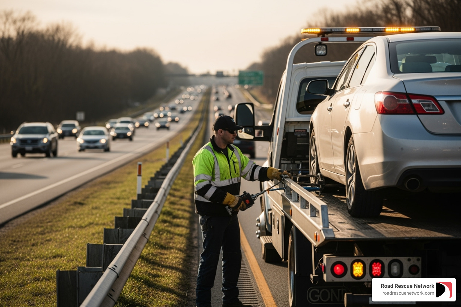 A professional tow truck operator securing a sedan onto a flatbed tow truck; Dispatch communication; Vehicle preparation; Professional handling; Vehicle safety - emergency car towing