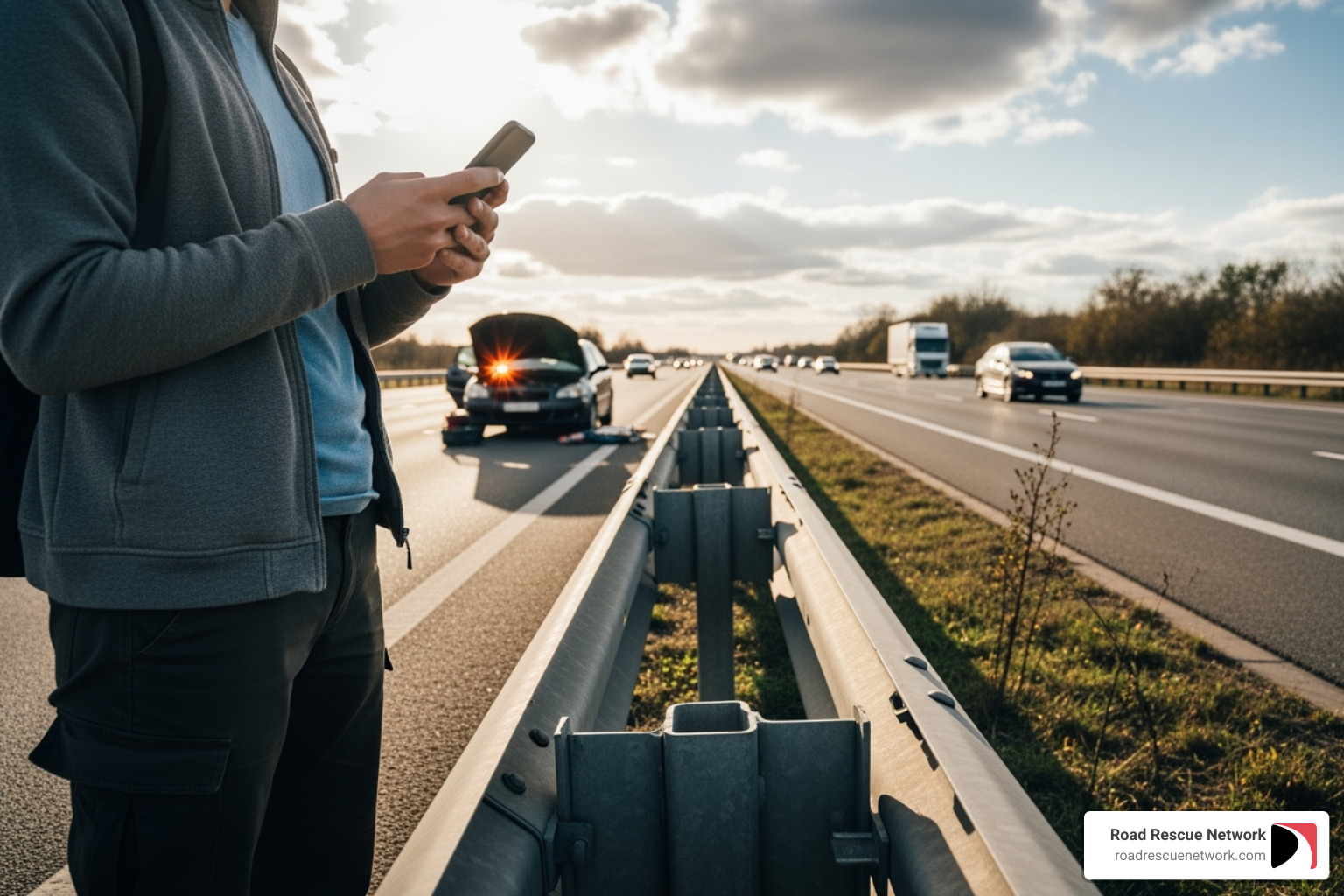 A driver standing safely behind a guardrail on their phone, away from their disabled vehicle; Prioritizing safety; Pull over safely; Hazard lights; Assess surroundings; Stay in vehicle vs exit; Information gathering - emergency car towing