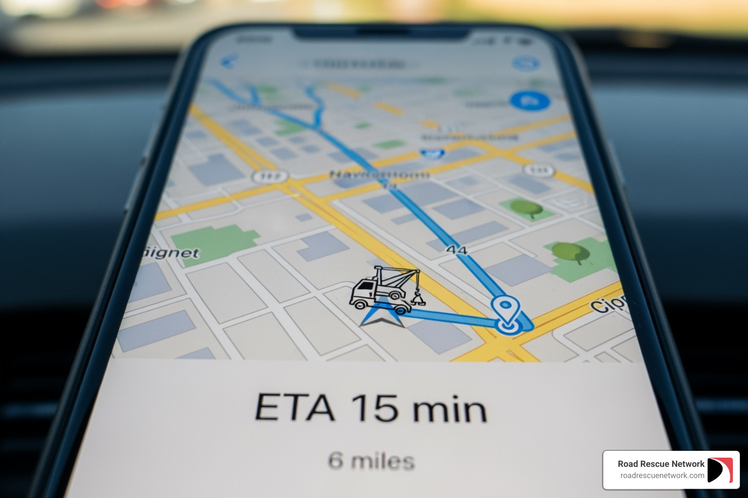 A smartphone screen showing a map with a tow truck icon and an ETA; Finding help; Towing options; Cost transparency; Response time; Technology in towing - emergency car towing