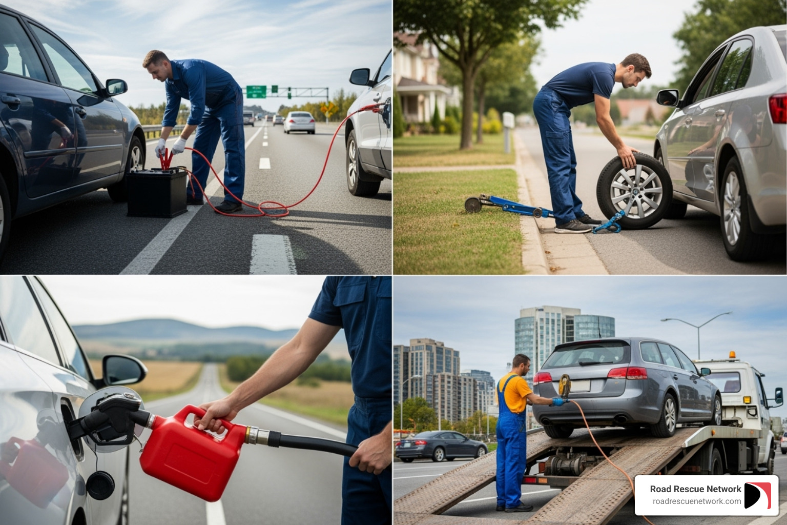 A collage showing various roadside services: a jumpstart, a tire change, and a fuel can; Towing services; Roadside assistance; Common car problems; Road Rescue Network statistics - emergency car towing