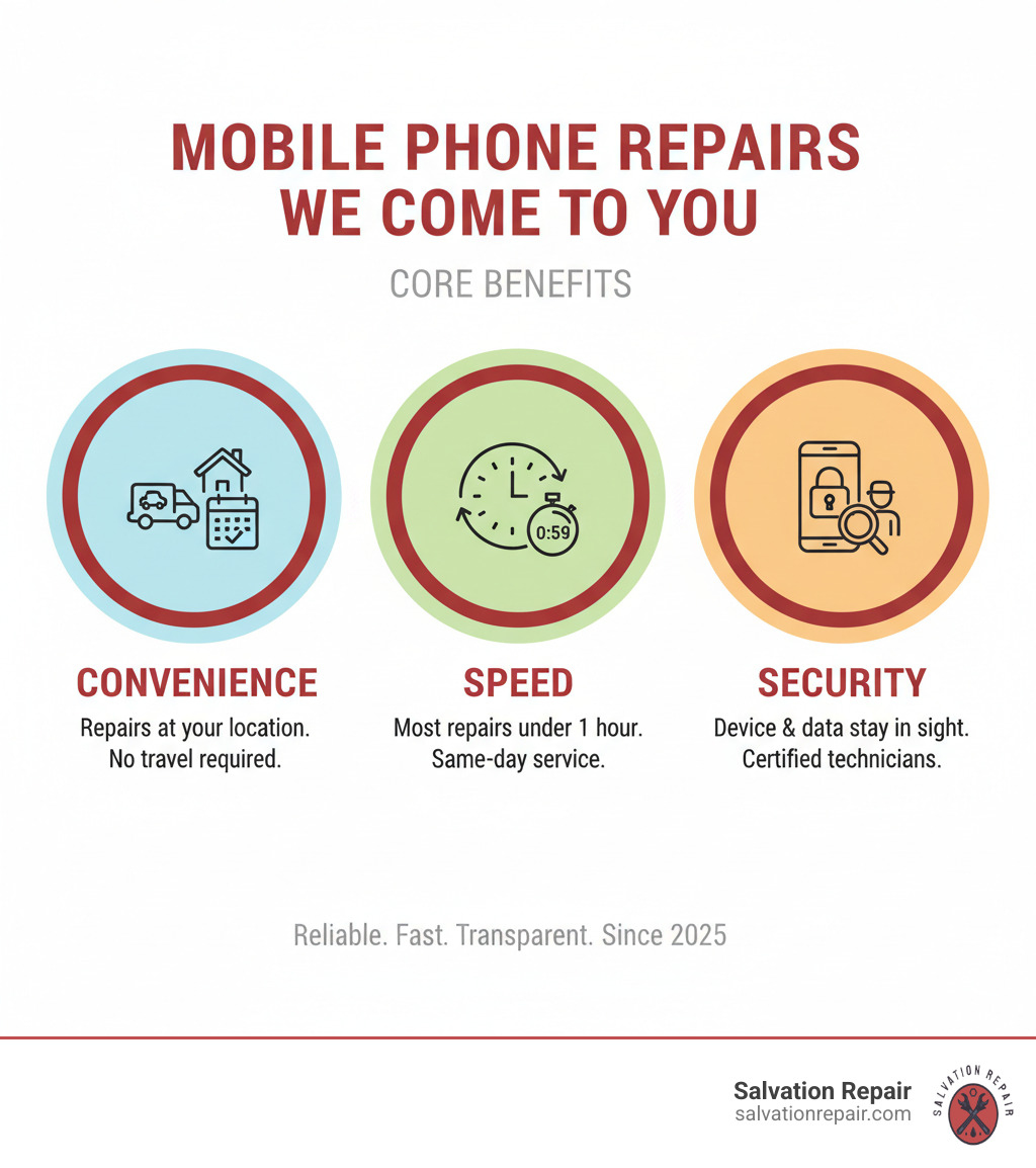 Infographic showing the three core benefits of mobile phone repair services: Convenience (repairs at your location with no travel required), Speed (most repairs completed in under 1 hour with same-day service available), and Security (your device and data stay in your sight throughout the repair process, with certified technicians using professional equipment) - mobile phone repairs we come to you infographic Infographic showing the three core benefits of mobile phone repair services: Convenience (repairs at your location with no travel required), Speed (most repairs completed in under 1 hour with same-day service available), and Security (your device and data stay in your sight throughout the repair process, with certified technicians using professional equipment) - mobile phone repairs we come to you infographic