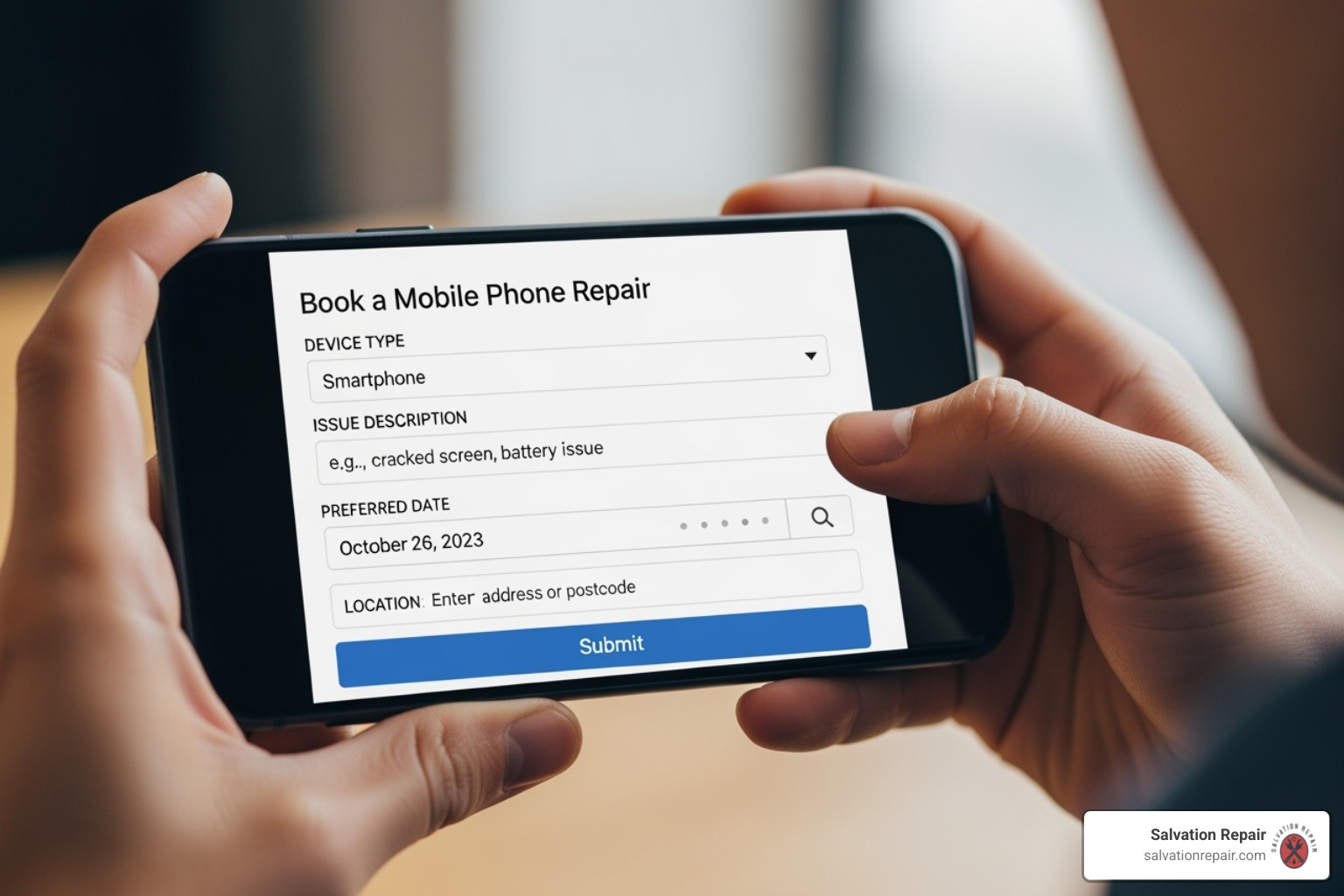 A person booking a mobile phone repair on their smartphone, showing a simple online form with fields for device type, issue, preferred date, and location. - mobile phone repairs we come to you A person booking a mobile phone repair on their smartphone, showing a simple online form with fields for device type, issue, preferred date, and location. - mobile phone repairs we come to you