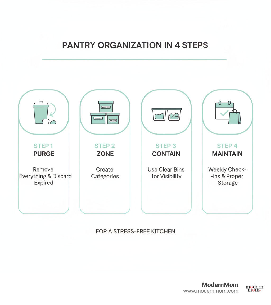 infographic showing 4 steps to pantry organization: Step 1 Purge (remove everything and discard expired items), Step 2 Zone (create categories like breakfast, snacks, and baking), Step 3 Contain (use clear bins and containers for visibility), Step 4 Maintain (weekly check-ins and proper grocery storage) - Pantry organization tips infographic 
