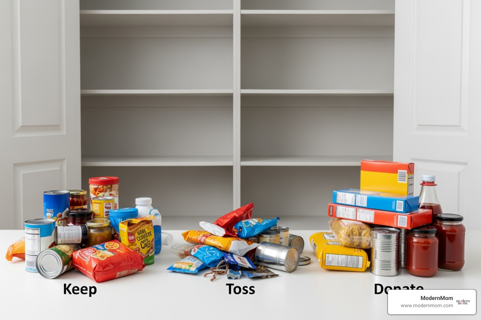 pantry shelves completely emptied with items sorted into "keep," "toss," and "donate" piles - Pantry organization tips