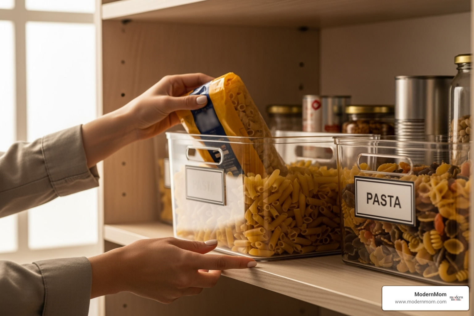 person neatly placing a new item into a designated, labeled bin - Pantry organization tips