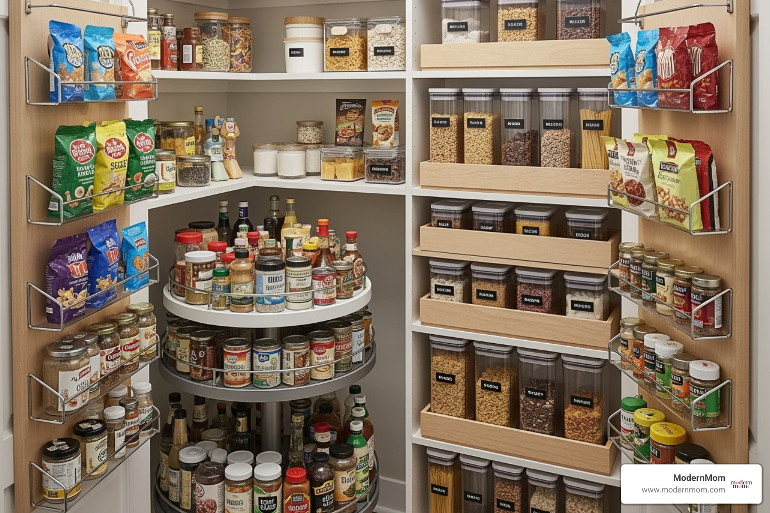 showcasing organizers like turntables, tiered shelves, and door racks in action - Pantry organization tips