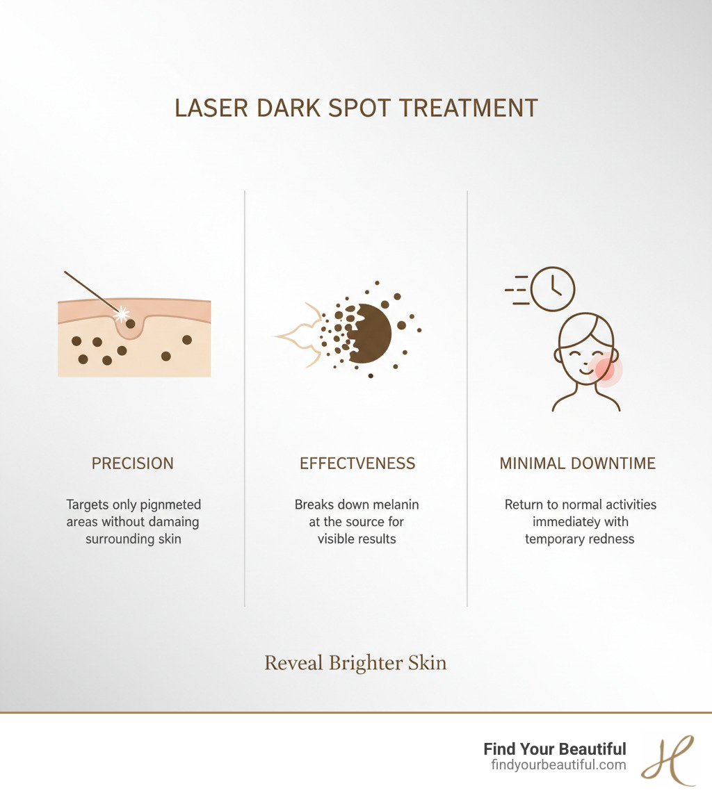 Infographic showing the three key benefits of laser treatment for dark spots: Precision (targets only pigmented areas without damaging surrounding skin), Effectiveness (breaks down melanin at the source for visible results), and Minimal Downtime (most people return to normal activities immediately with only temporary redness) - laser treatment for dark spots infographic 