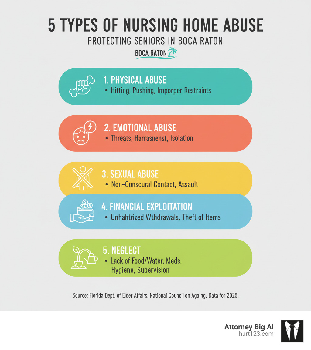 Infographic showing the five most common types of nursing home abuse: Physical Abuse including hitting, pushing, and improper use of restraints; Emotional Abuse including threats, verbal harassment, and isolation; Sexual Abuse including non-consensual contact and assault; Financial Exploitation including unauthorized withdrawals and theft of personal items; and Neglect including failure to provide food, water, medication, hygiene assistance, and supervision - nursing home abuse lawyer boca raton infographic 