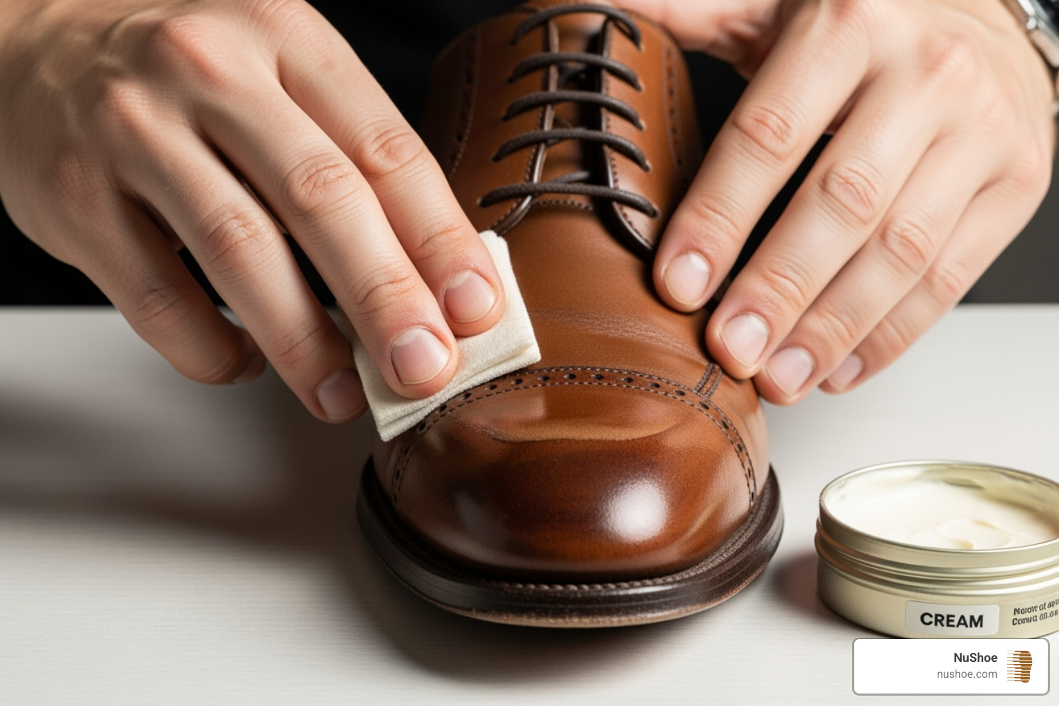 hands carefully applying cream polish to a scuffed shoe - how to fix scratched leather shoes