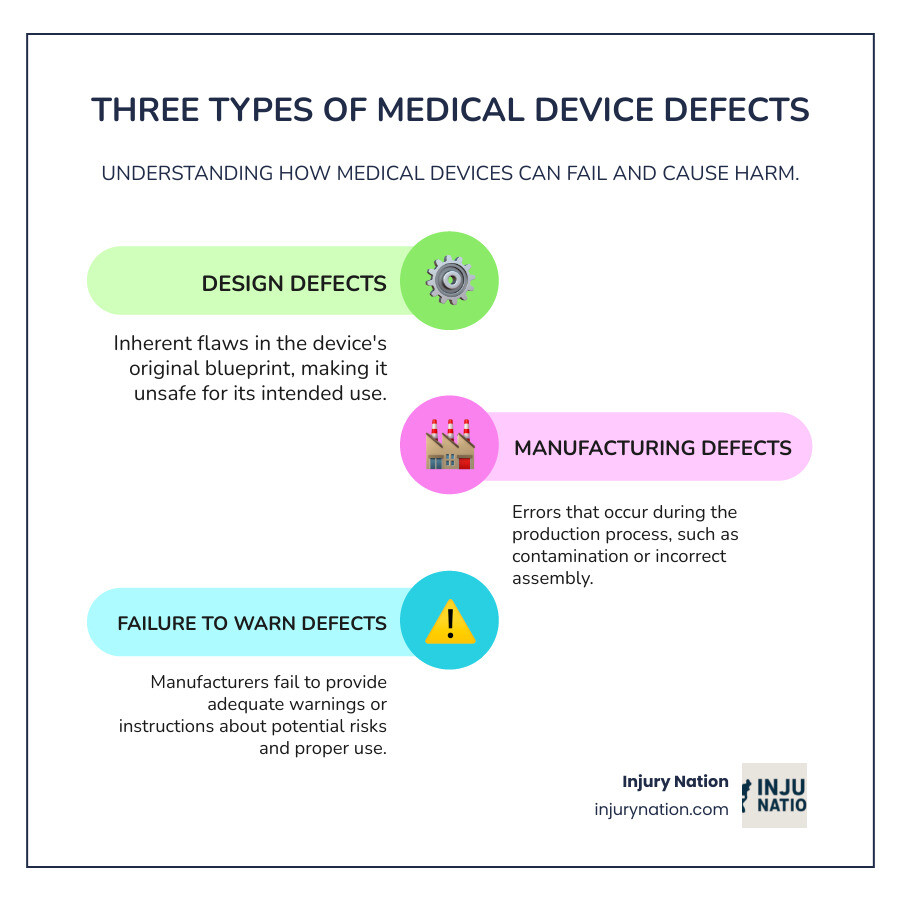 Infographic showing three types of medical device defects: Design Defects (inherent flaws making the device unsafe for its intended use), Manufacturing Defects (errors during production such as contamination or incorrect assembly), and Failure to Warn Defects (inadequate instructions or insufficient risk warnings to doctors and patients) - Defective medical device infographic infographic-line-3-steps-colors