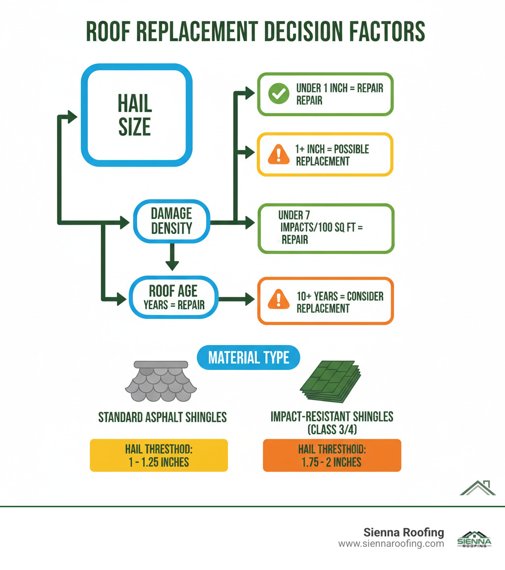 Infographic showing roof replacement decision factors: a flowchart starting with "Hail Size" (under 1 inch = likely repair, 1+ inch = possible replacement), then "Damage Density" (under 7 impacts per 100 sq ft = repair, 7-10+ impacts = replacement), then "Roof Age" (under 10 years = likely repair, 10+ years = consider replacement), and finally "Material Type" with icons showing standard asphalt shingles vs impact-resistant shingles with their respective hail size thresholds - how much hail damage to replace roof infographic 