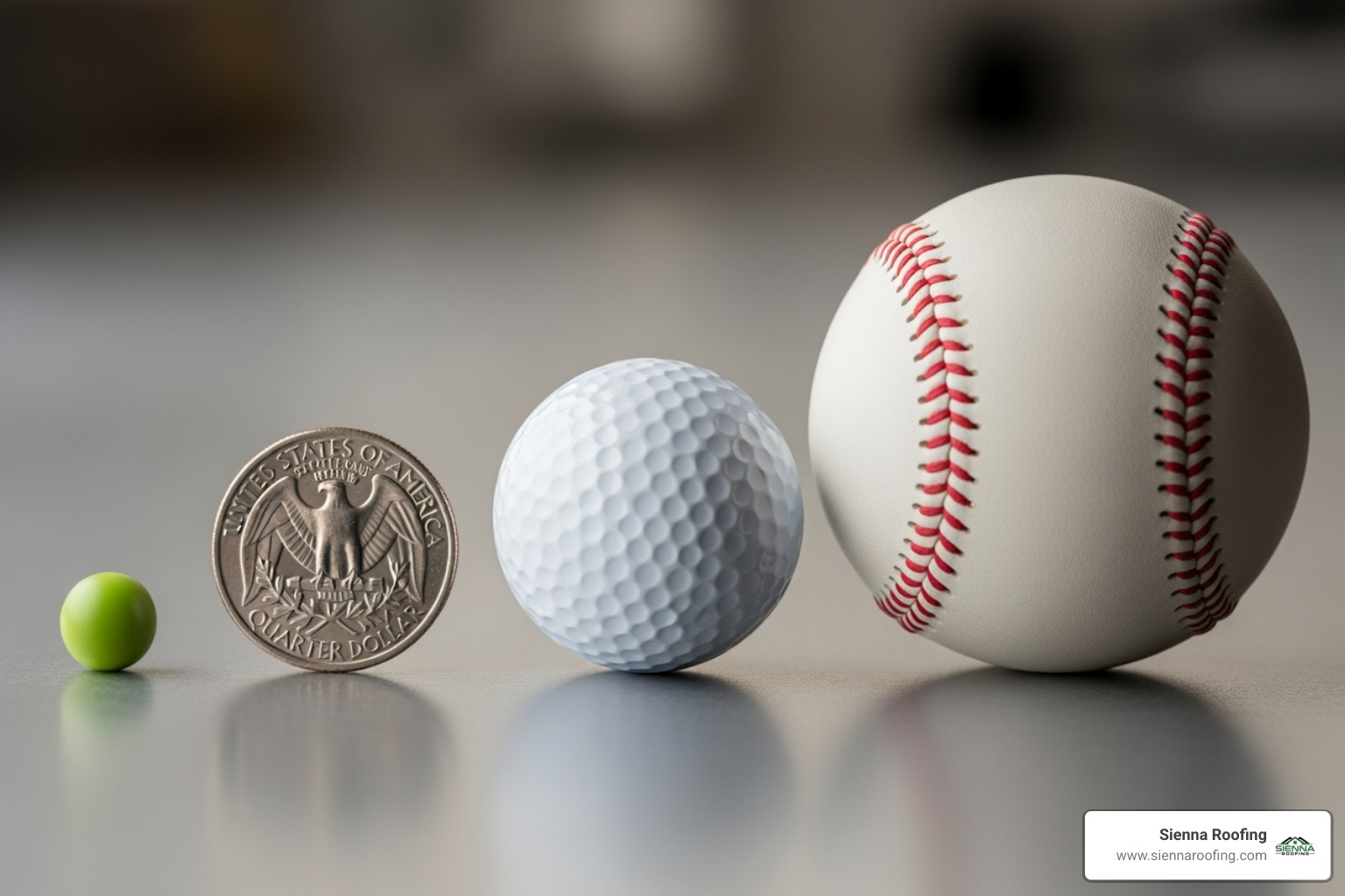 comparing different hail sizes (pea, quarter, golf ball, baseball) to common objects - how much hail damage to replace roof