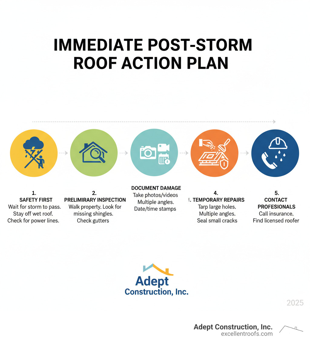 Infographic showing the immediate post-storm action plan: 1) Safety first - wait for storm to pass, stay off wet roof, check for power lines; 2) Preliminary inspection - walk property perimeter, look for missing shingles, check gutters for granules; 3) Document damage - take photos/videos from multiple angles with date/time stamps; 4) Temporary repairs - tarp large holes, apply roofing cement to small cracks; 5) Contact professionals - call insurance company and licensed roofing contractor for assessment - storm damage roof repair infographic 