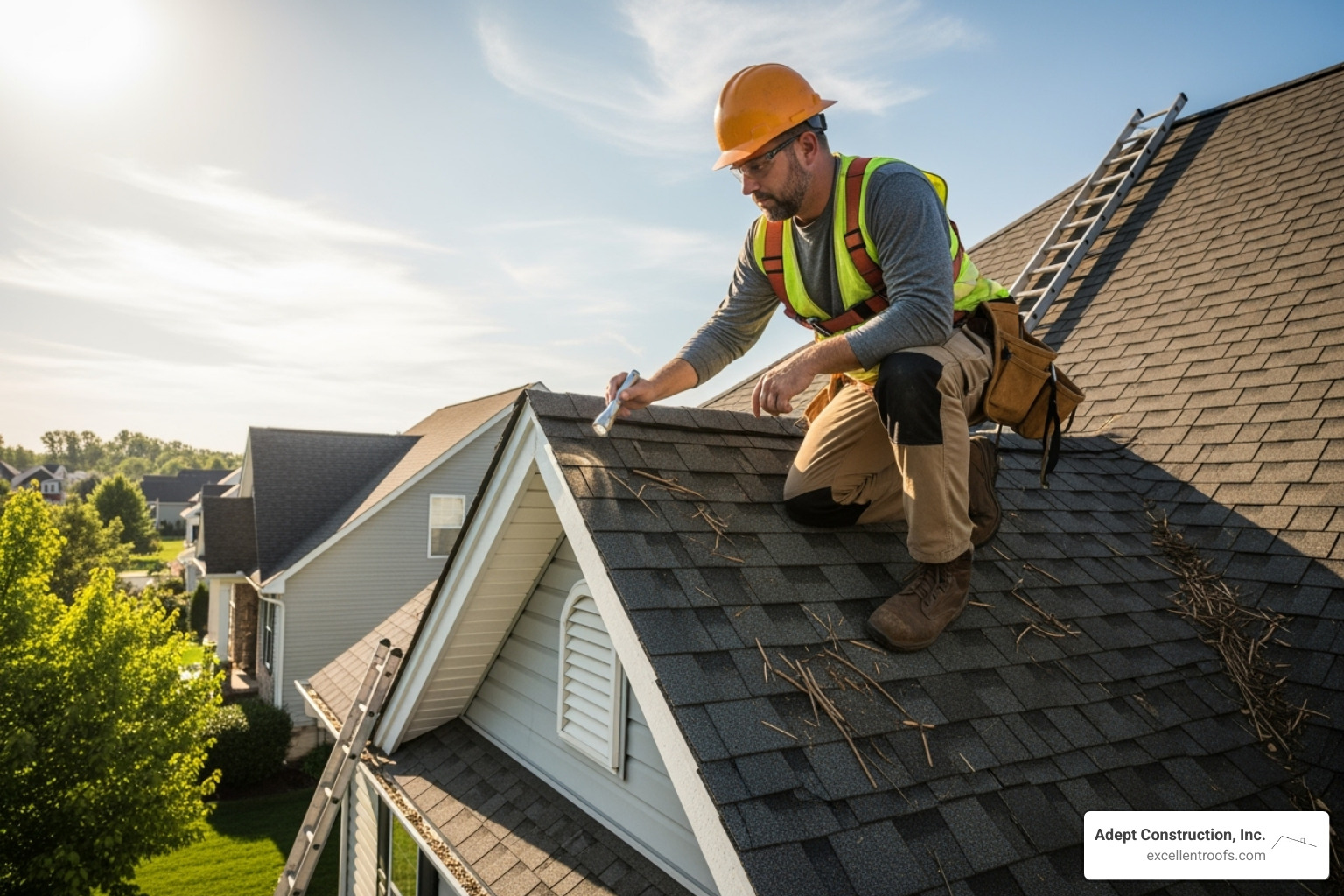 professional roofer inspecting a roof - storm damage roof repair