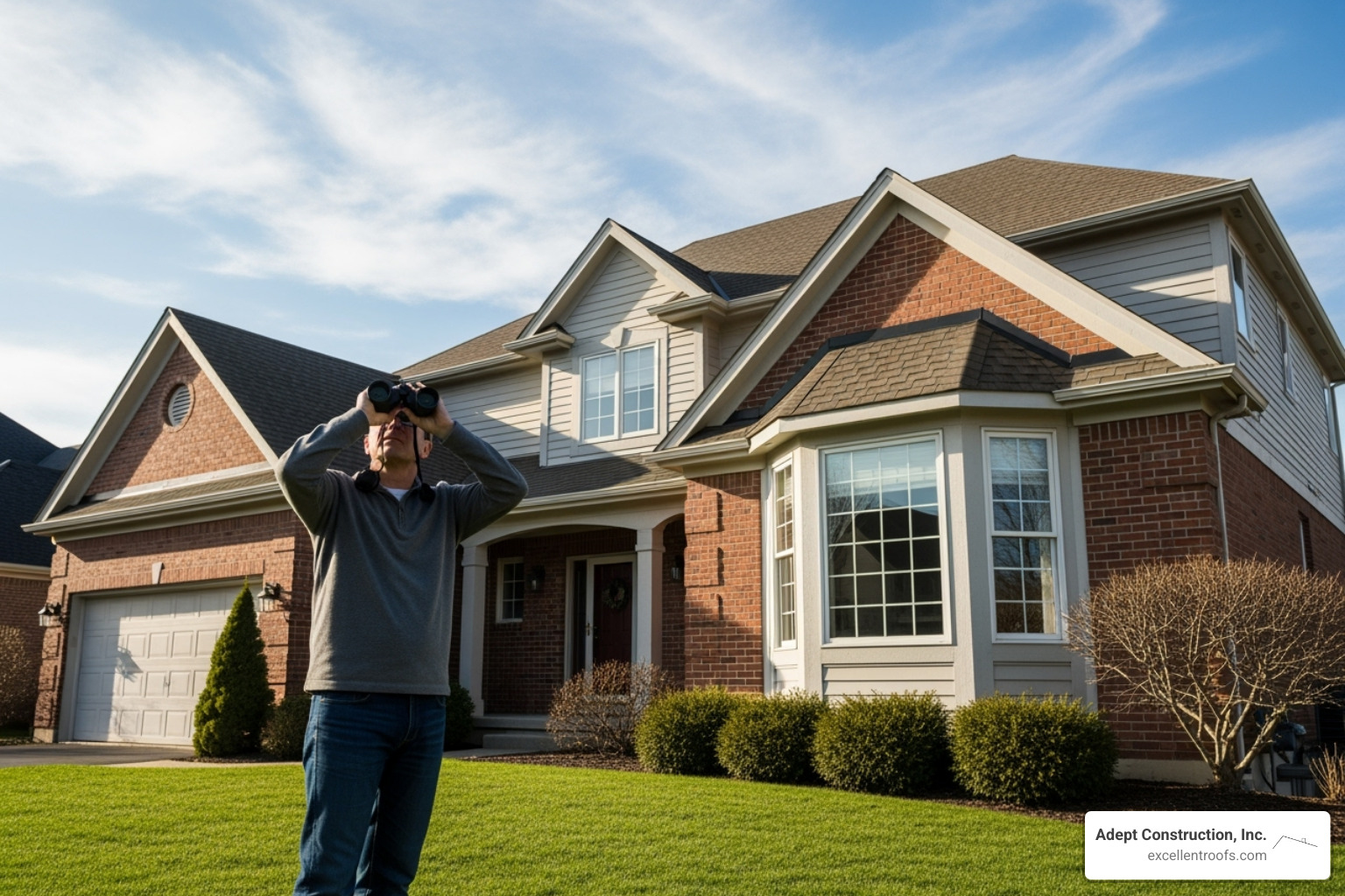 homeowner safely inspecting their roof from the ground using binoculars - storm damage roof repair