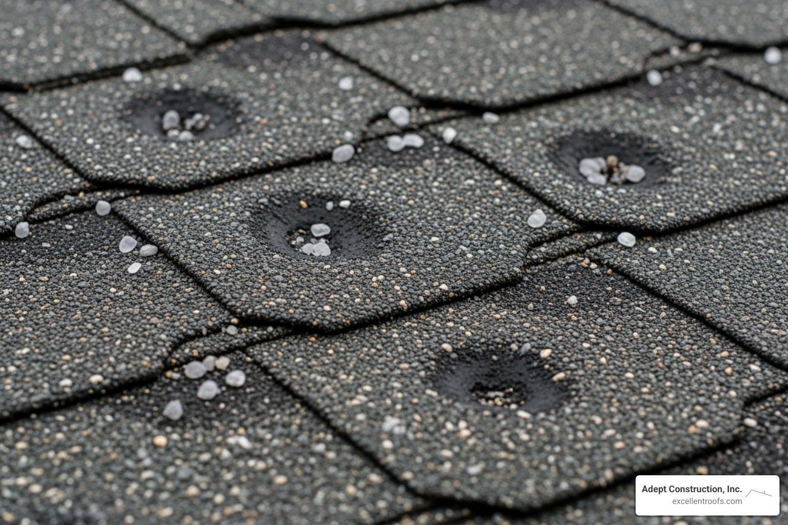 hail damage marks on an asphalt shingle - storm damage roof repair