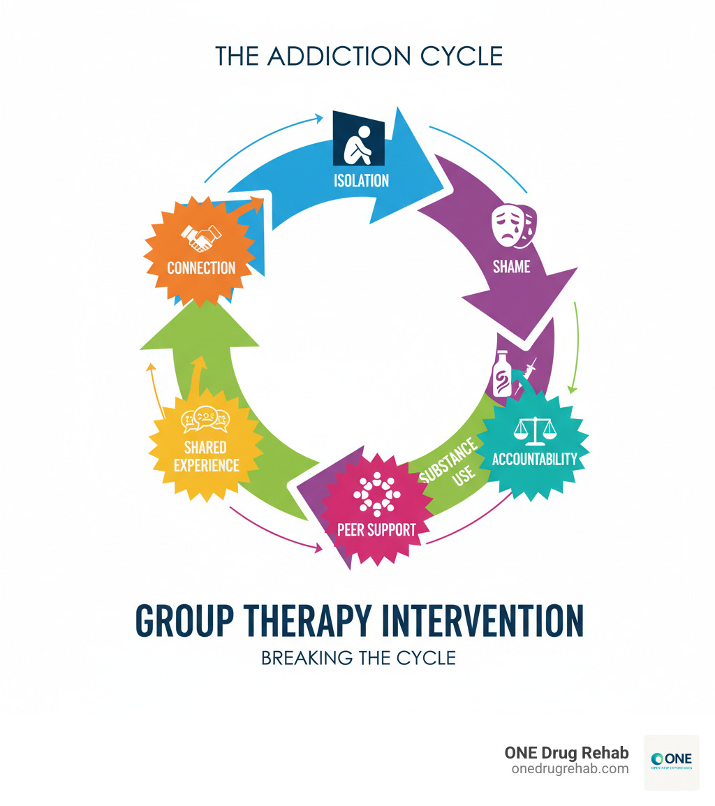 Infographic showing the cycle of addiction (isolation leads to shame, shame leads to substance use, substance use leads to more isolation) with group therapy intervention points breaking the cycle through connection, shared experience, accountability, and peer support - group therapy addiction infographic Infographic showing the cycle of addiction (isolation leads to shame, shame leads to substance use, substance use leads to more isolation) with group therapy intervention points breaking the cycle through connection, shared experience, accountability, and peer support - group therapy addiction infographic